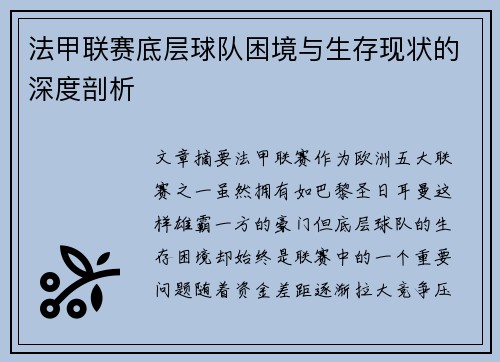 法甲联赛底层球队困境与生存现状的深度剖析