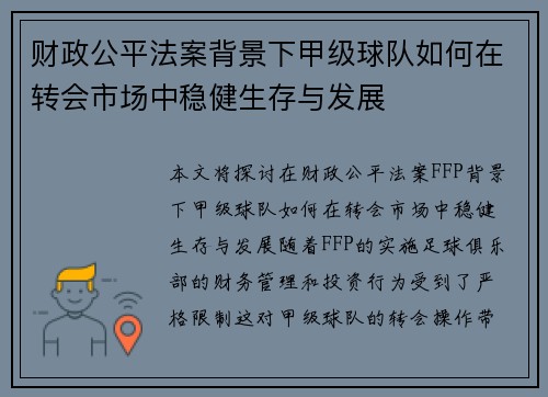 财政公平法案背景下甲级球队如何在转会市场中稳健生存与发展