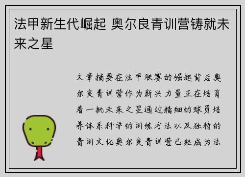 法甲新生代崛起 奥尔良青训营铸就未来之星