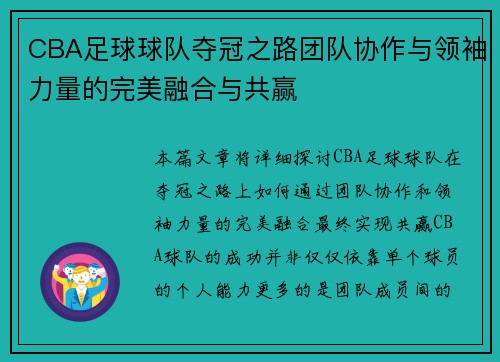 CBA足球球队夺冠之路团队协作与领袖力量的完美融合与共赢