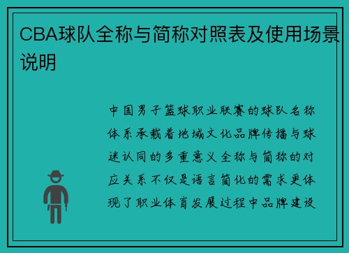 CBA球队全称与简称对照表及使用场景说明