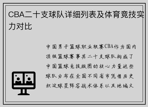 CBA二十支球队详细列表及体育竞技实力对比