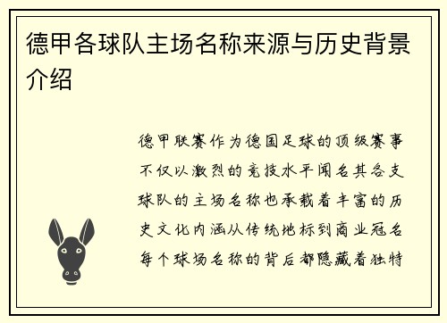 德甲各球队主场名称来源与历史背景介绍